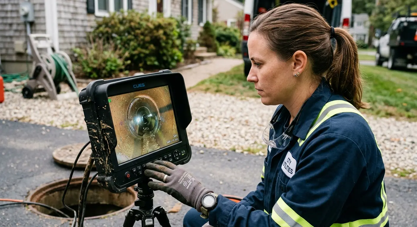 Technician reviewing sewer camera inspection footage in Levelland