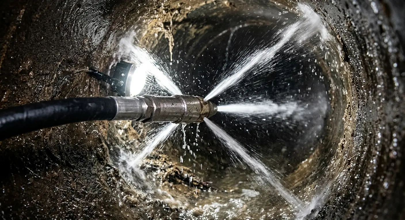 High-pressure hydro jetting nozzle cleaning sewer pipe for Trenchless Sewer Repair in Levelland