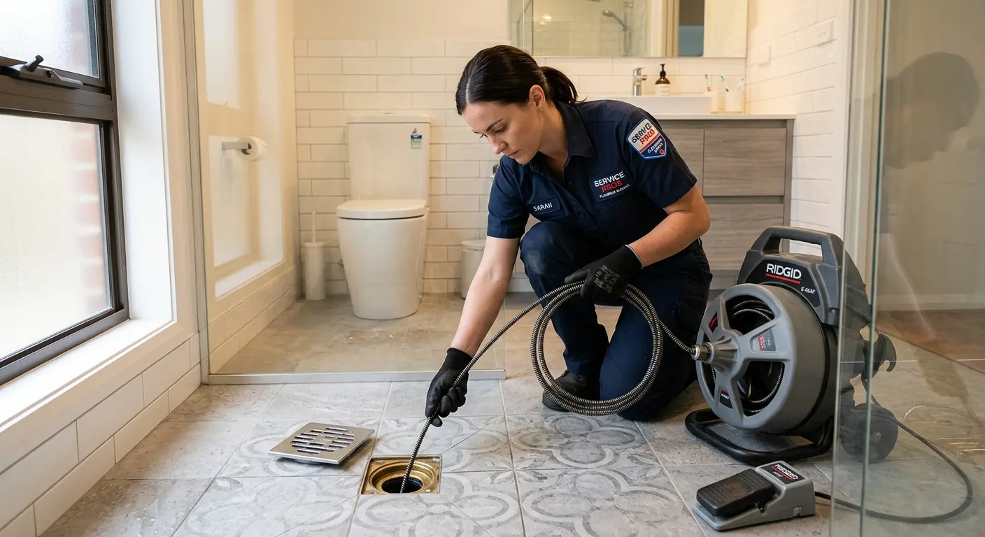 Technician clearing a bathroom floor drain for Clogged Drain Repair in Levelland